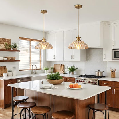Amber Glass Pendant Lights, 2Pack Brushed Gold Lighting 11.8" Glass Light Fixtures Modern Glass Chandelier Vintage Hanging Ceiling for Kitchen Island Dining Room Restaurant Bedroom Foyer