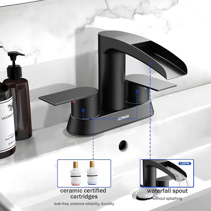 Bathroom Sink Faucet for 3 Hole, Hurran 4 Inch Bathroom Faucets with Pop-up Drain, Stainless Steel 2-Handle Waterfall Faucet for Bathroom Sink, Matte Black