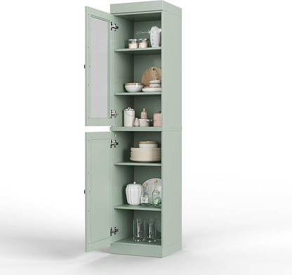 Palace Imports Solid Wood Kitchen Pantry - Narrow Storage Cabinet - 16.5" Wide x 71.5" Tall - 1 Raised Panel & 1 Glass Door, Sage, Adjustable Shelves, 100% Eco-Friendly Wood, Modular Cabinets