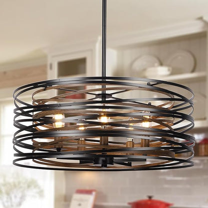 Sigaitwei 5-Light Drum Chandelier for Dining Room，19.7" Rustic Farmhouse Dining Room Light Fixture，Wood Grain and Vintage Black Metal Chandeliers for Kitchen Entryway Living Room
