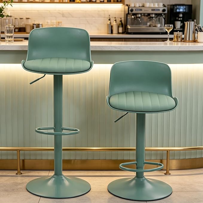Bar Stools Set of 2 with Backrest, Adjustable Height Upholstered Barstools, Swivel Leather Island Chairs, Modern Armless Stools for Bar, Kitchen Island, Dining Room (Mint Green)