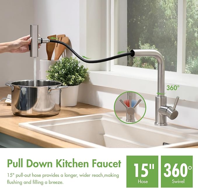 CENOSA Kitchen Faucet with Pull Down Sprayer Brushed Nickel Waterfall Sink Faucet Suitable for RV, Laundry Room, and Campers