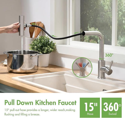CENOSA Kitchen Faucet with Pull Down Sprayer Brushed Nickel Waterfall Sink Faucet Suitable for RV, Laundry Room, and Campers