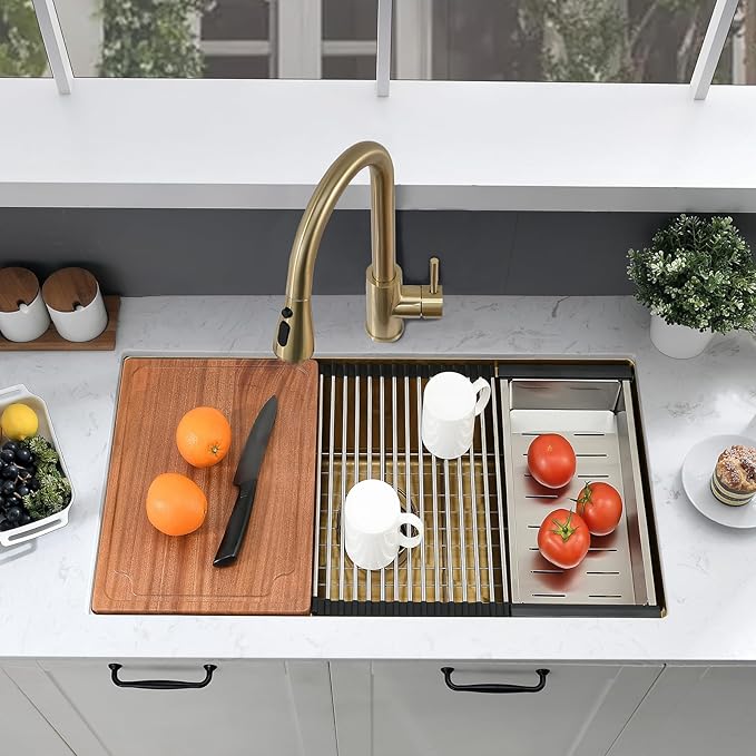 31 Inch Gold Kitchen Sink Undermount, 31x18 Stainless Steel Undermount Sink Workstation Brushed Gold 16 Gauge 10" Deep Single Bowl Kitchen Sinks with Cutting Board