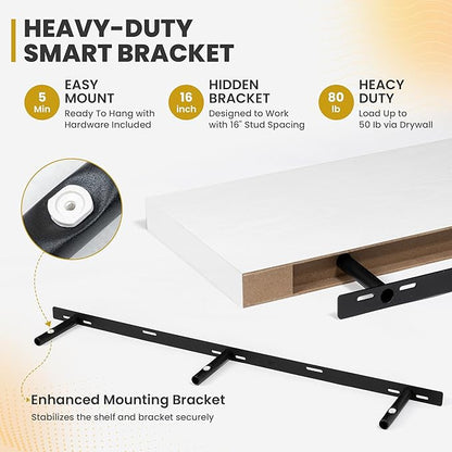 Acovy 48 Inch Floating Shelves, 9.3" Deep Floating Shelf Wall Mounted, 48" Wall Shelves, Rustic Deep Bookshelf, Large Display Shelves & Storage Shelves for Bedroom, Living Room, White, Set of 1