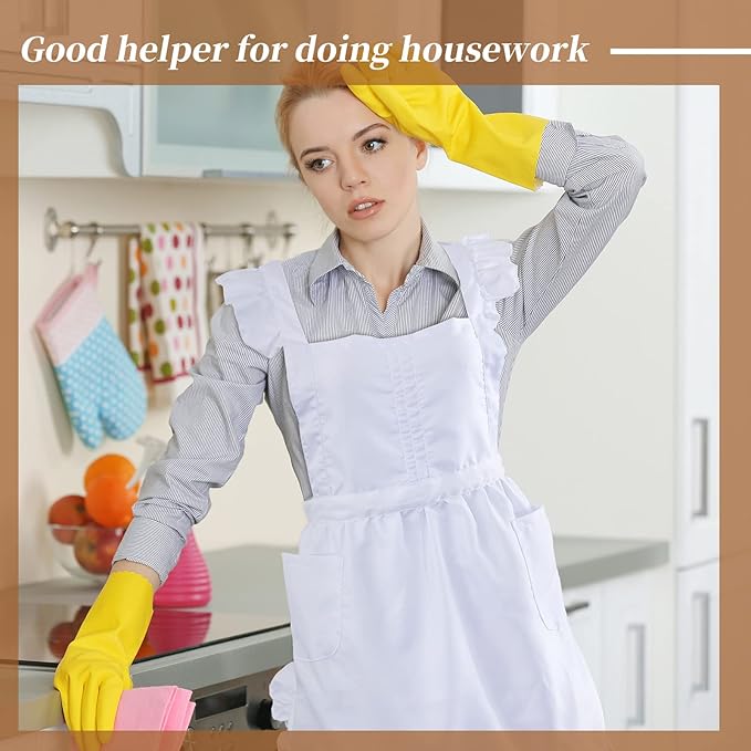 Geyoga Aprons for Women with Pockets Kitchen Cooking Waitress Maid Apron Vintage Skirt Cute Ruffle Dress Costume(White,Long Style)