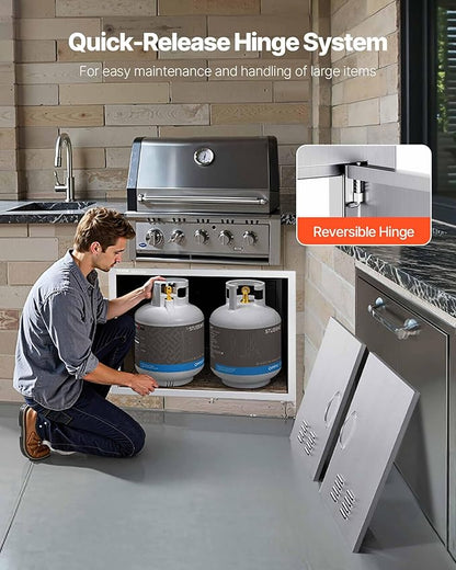 VEVOR Outdoor Kitchen Doors, 30W x 21H Inch, 304 Stainless Steel Double Doors with Vents, BBQ Access Door with 2 Detachable Handles and 6 Hooks, for BBQ Island