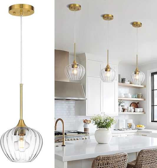 Glass Pendant Light Kitchen Island, 7" Brushed Gold Modern Pendant Light Fixture Mini Farmhouse Ceiling Hanging Lighting for Dining Room Sink Bathroom Bar Restaurant