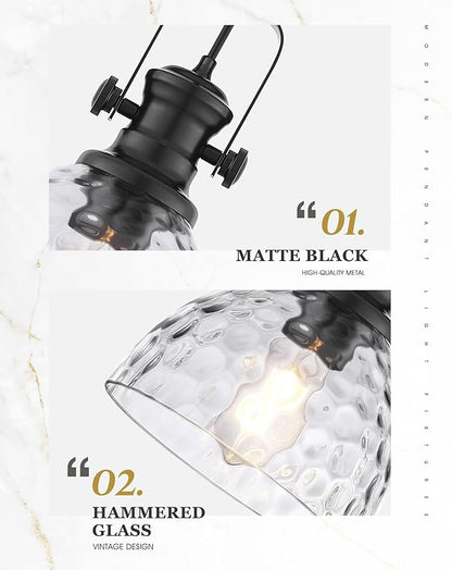 Black Pendant Lights Kitchen Island, 7.5" Farmhouse Pendant Lighting with Hammered Glass Shade, Vintage Hanging Light Fixtures for Dining Room Entryway, Adjustable Cord, AD-22151-1P-BK-H