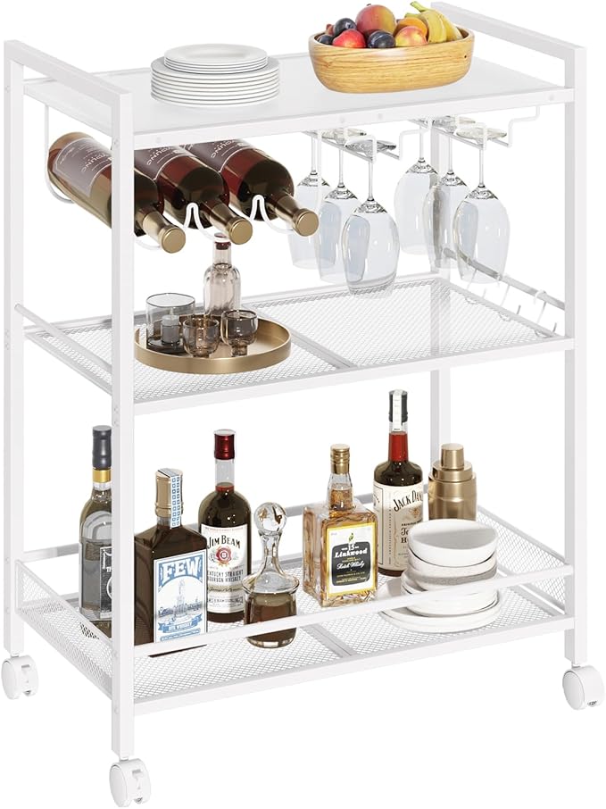 Joaxswe Bar Cart, Home Bar Serving Cart with 3-Tier Shelf,Microwave Cart with Lockable Wheels,Mobile Kitchen Shelf,Rolling Beverage Cart with Wine Rack and Glass Holder for Kitchen,Dinning Room,White