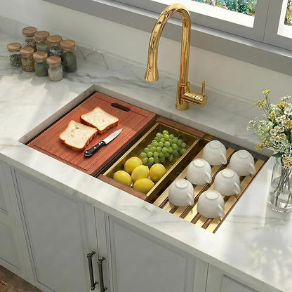 Gold Undermount Kitchen Sink,16 Gauge SUS304 Stainless Steel All In One Workstation Sinks with Full Set Accessories, 32" x 18" x 10" Large and Deep Handmade Single Bowl Kitchen Sinks