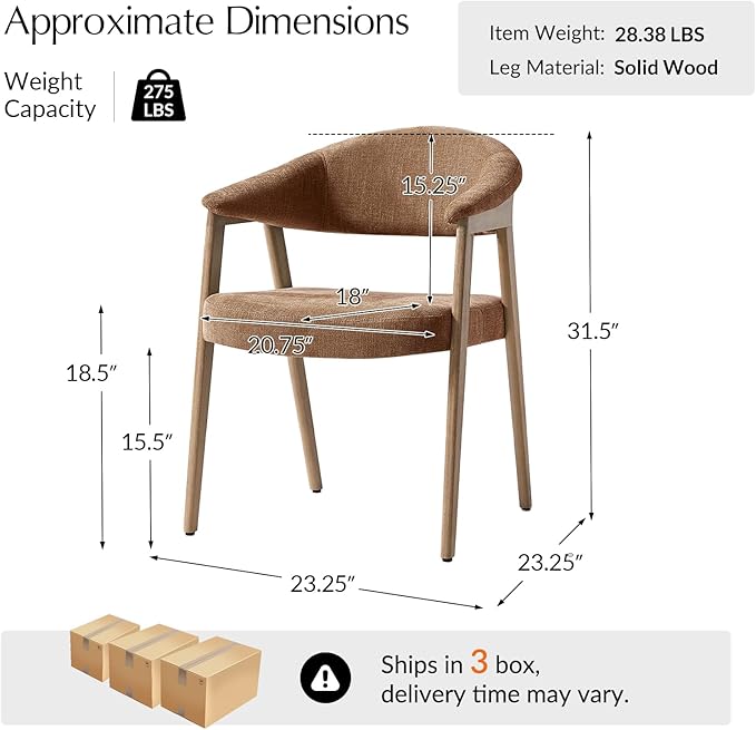 HULALA HOME Dining Chairs Set of 6, Mid-Century Modern Upholstered Dining Room Chair with Armrest, Curved Backtrst & Solid Wood Legs, Kitchen Side Chairs for Resurant, Living Room - Rust