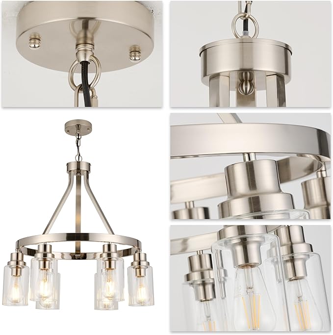 Brushed Nickel Chandeliers 6 Light Modern Dining Room Lighting Fixtures Hanging, Kitchen Island Linear Pendant Lights Farmhouse Flush Mount Ceiling Light with Glass Shade