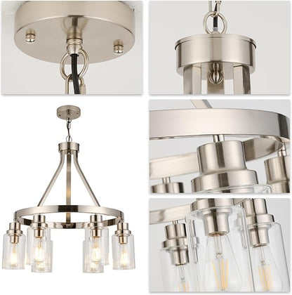 Brushed Nickel Chandeliers 6 Light Modern Dining Room Lighting Fixtures Hanging, Kitchen Island Linear Pendant Lights Farmhouse Flush Mount Ceiling Light with Glass Shade