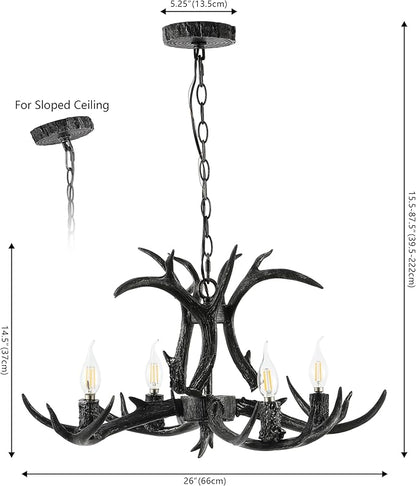 JONATHAN Y 26" Black Rustic Resin Antler 4-Light LED Chandelier, Farmhouse Faux Deer Horn Hanging Ceiling Light for Dining Room, Kitchen Island, Adjustable Light Fixture (JYL6301D)