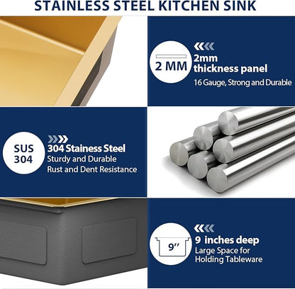 Lordear Gold Undermount Bar Sink 15x18x9 Inch Kitchen Sink Workstation 16 Gauge Stainless Steel Small Single Bowl Bar Prep Rv Island Sink