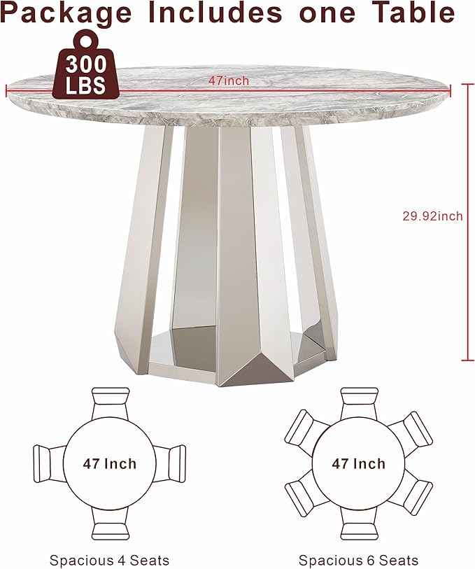47" Round Marble Dining Table for 4-6, Luxury Modern Kitchen Table with Marble Grain MDF Tabletop & Silver Mirrored Stainless Steel Pedestal Base, Grey Stone Dinner Table for Dining Room (Table Only)