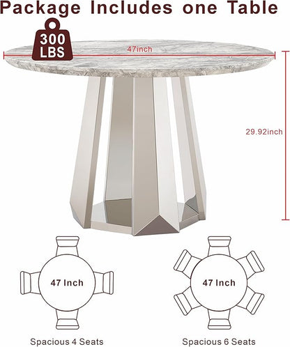 47" Round Marble Dining Table for 4-6, Luxury Modern Kitchen Table with Marble Grain MDF Tabletop & Silver Mirrored Stainless Steel Pedestal Base, Grey Stone Dinner Table for Dining Room (Table Only)