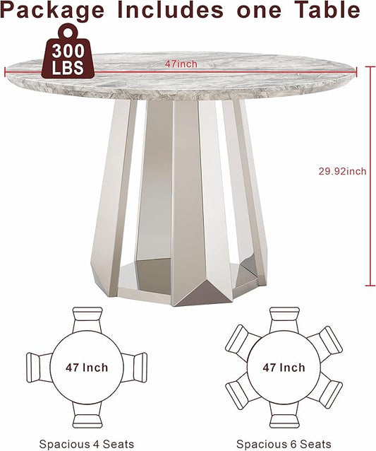 47" Round Marble Dining Table for 4-6, Luxury Modern Kitchen Table with Marble Grain MDF Tabletop & Silver Mirrored Stainless Steel Pedestal Base, Grey Stone Dinner Table for Dining Room (Table Only)