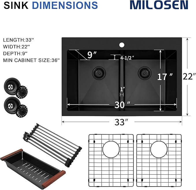 MILOSEN 33''x22''Black Double Bowl Kitchen Sink, 50/50 T304 Stainless Steel Drop in Kitchen Sinks, Topmount Large and Deep Workstation Sink, Handmade Low-Divide Double Basin with Custom Accessories