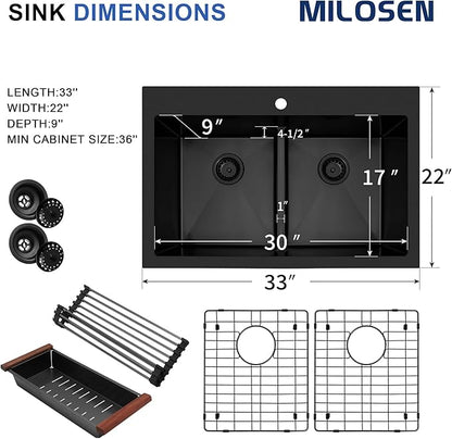 MILOSEN 33''x22''Black Double Bowl Kitchen Sink, 50/50 T304 Stainless Steel Drop in Kitchen Sinks, Topmount Large and Deep Workstation Sink, Handmade Low-Divide Double Basin with Custom Accessories