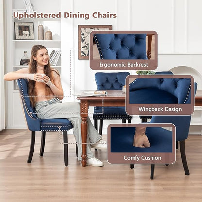 Eifizek Velvet Dining Chairs Set of 6, Tufted Dining Room Chairs with Nailhead Ring Pull Trim, Upholstered Dining Chairs with Solid Wood Legs for Kitchen Dining Room, Sillas De Comedor (Blue)