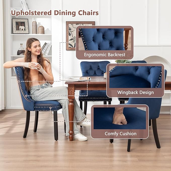 Eifizek Velvet Dining Chairs Set of 4, Upholstered Dining Room Chairs with Nailhead Ring Pull Trim, Button Tufted Wing Back Chairs for Dining with Solid Wood Legs for Kitchen Dining Room(Blue)