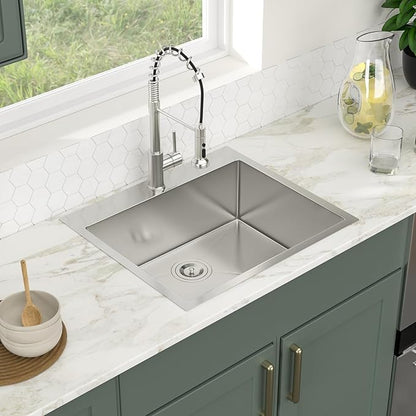 Logmey 25 Inch Drop In Kitchen Sink - 25x22 In Handmade Stainless Steel Kitchen Sinks 16 Gauge Topmount Sink Single Bowl Round Corner Sink Bar Sink Prep 25x22x9 Inches
