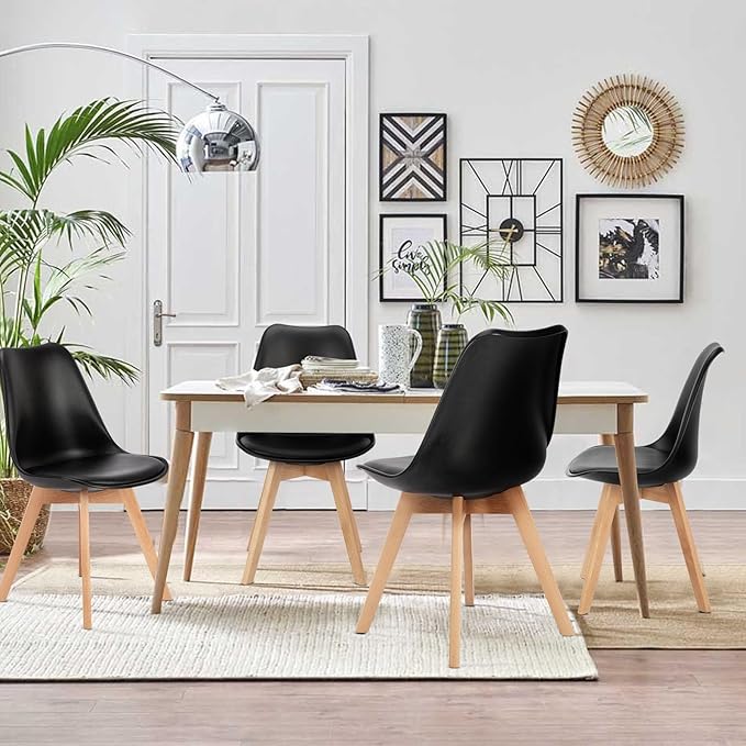 OLIXIS Modern Dining Chairs Set of 8, PU Leather Upholstered Kitchen Chairs with Wood Legs, Mid Century Accent Chairs for Living Room, Bedroom, Outdoor Lounge, Black