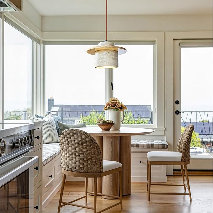 Japanese Wabi sabi Pendant Light with Natural Stone Shade, Dimmable Modern Wood Hanging Lamp Fixture, Adjustable Height Pendant Lamp for Bedroom, Kitchen Island, Dining Room, Restaurant, Cafe, Bar (B)