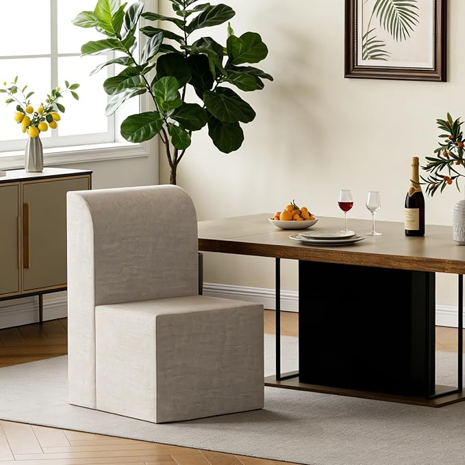 Linen Upholstered Armless Dining Chair, Modern Comfortable Dining Room Chair Side Leisure Chairs with Mid Back for Dining Room Kitchen Bedroom Reading Room, No Assemble, Beige
