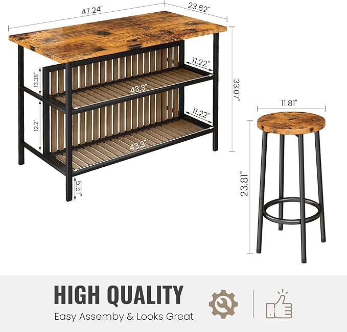 AWQM Kitchen Island with Seating & Storage Shelf, Wooden Island Table for Kitchen, Modern Bar Table and Chairs Set for 2,Dining Table Set for Small Space,Walnut