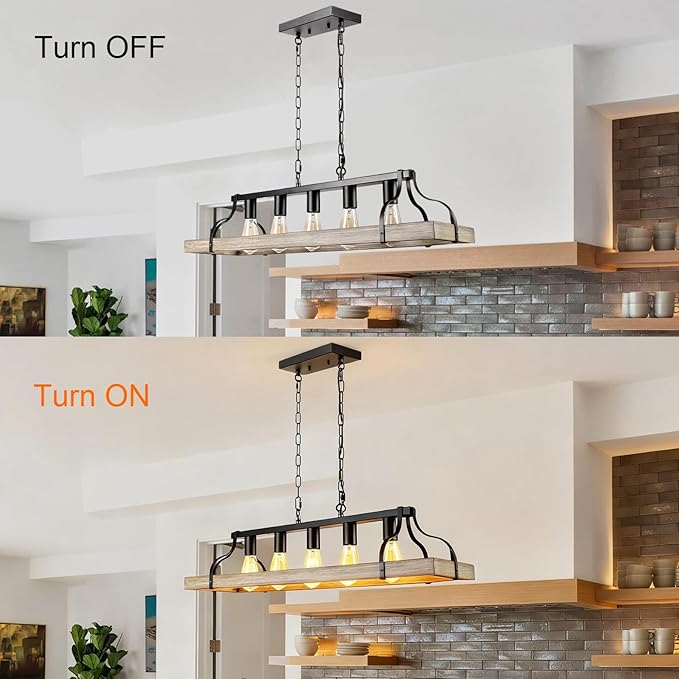 Rustic Farmhouse Chandelier for Dining Room 5-Lights-A Black+Wood