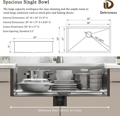 32x19 Undermount Kitchen Sink, Delironexu 32 Inch Undermount Sink, 16 Gauge 304 Stainless Steel Single Bowl Kitchen Sink with Accessories