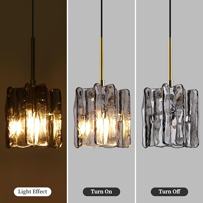 Modern Vintage Mid-Century Single Pendant Light, Mini Hanging Ice-Textured Glass Ceiling Light Fixture for Kitchen Island Lighting Over Dining Room, Bedroom, Bar Lamp (2 Pack)