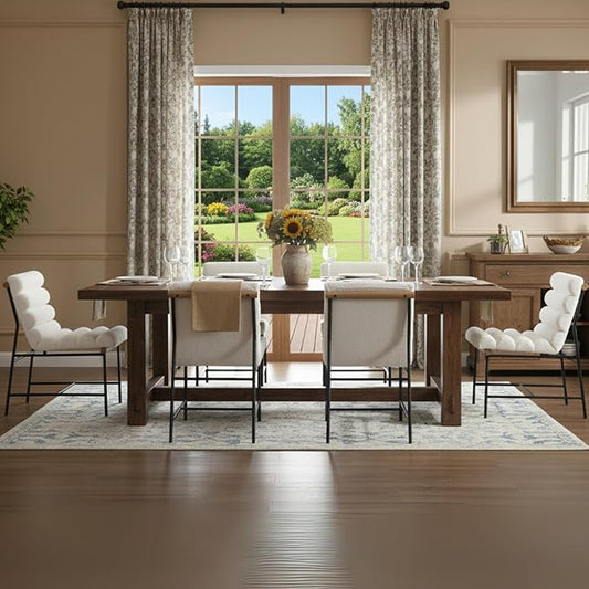 Modern Upholstered Dining Chairs Set of 6, White Sherpa Dining Room Chairs with Tufted Back & Cushion, Comfy Armless Boucle Kitchen Chairs with Black Metal Legs for Dinner Living Room