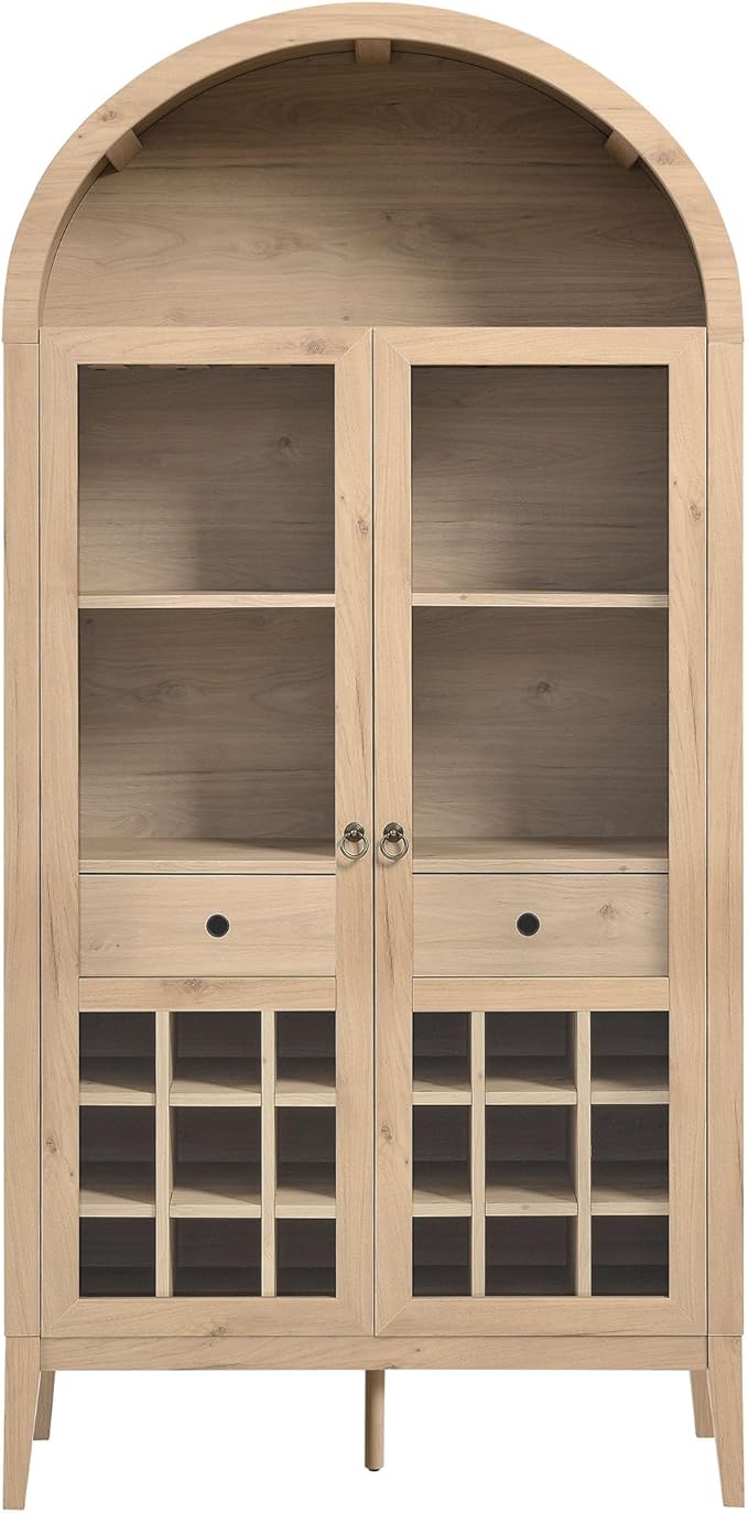Modway Nolan Modern Farmhouse Arched Bar Cabinet in Light Oak Wood Grain - 72 Inch Tall Wine Storage Cabinet with Glass Doors and Wine Rack - Large Liquor Cabinet for Dining or Living Room