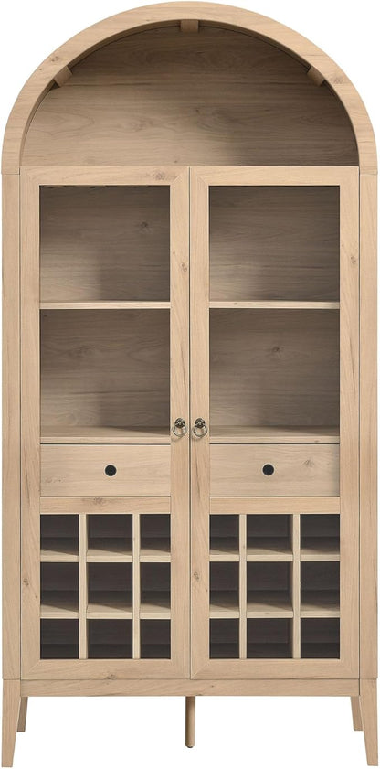 Modway Nolan Modern Farmhouse Arched Bar Cabinet in Light Oak Wood Grain - 72 Inch Tall Wine Storage Cabinet with Glass Doors and Wine Rack - Large Liquor Cabinet for Dining or Living Room