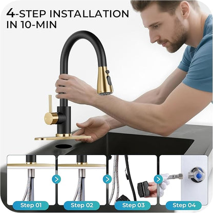 Kitchen Faucet with Pull Down Sprayer - Gold & Black Single Handle Kitchen Faucets, High Arc Stainless Steel Pull Out Kitchen Sink Faucet with Deck for RV Laundry Farmhouse Bar