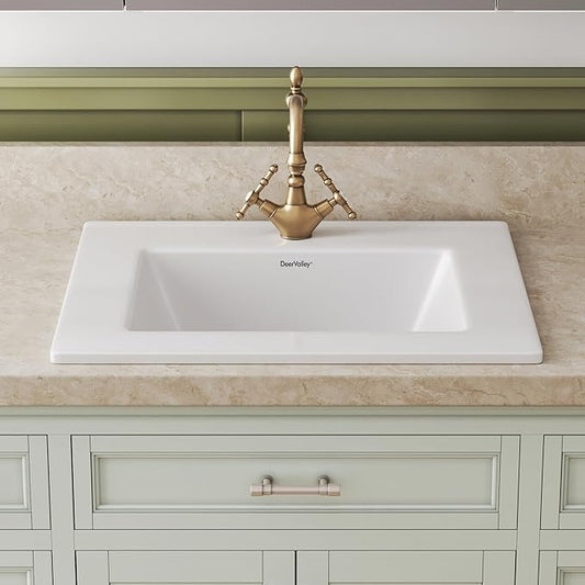 DeerValley Rectangle Drop-In Bathroom Sink 21x18 Inch, White Ceramic Vessel with Overflow and Pre-Drilled Faucet Hole