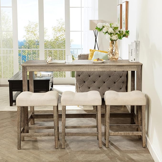Knocbel Classic 3-Person Counter Height Bar Table Set with Power Outlet, 4-Piece Dinette Set with Padded Seat Stools, Apartment Condo Small Space Pub Bistro Dining Furniture (Brown, 59")