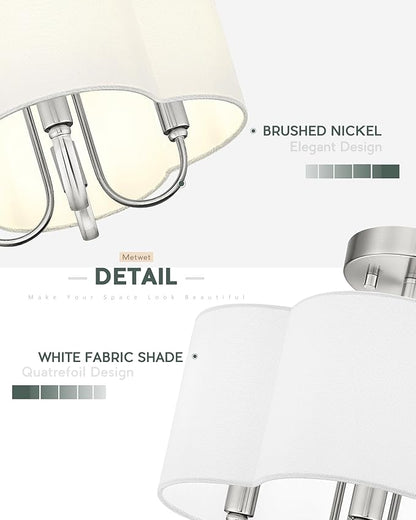 4-Light Semi Flush Mount Ceiling Light, 13.5" Vintage Light Fixtures Ceiling Mount with Fabric Shade in Quatrefoil for Kitchen Entryway Hallway Bedroom, Brushed Nickel, SM179-BN