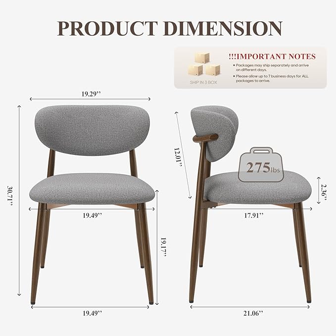 MALOL Upholstered Dining Room Chairs Set of 6, Kitchen Chairs with Metal Legs and Anti Slip Pads, Curved Back Dining Chair for Home and Restaurant Use, Light Grey