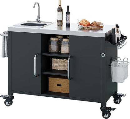JIJIWANG 55.5" Outdoor Kitchen Island with Stainless Steel Sink, Outdoor Bar Cart Sink Station with 4 Lockable Wheel for Pizza Prep & BBQ Black