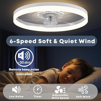 Fszdorj 23.6'' Ceiling Fan with Light, Upgraded Low Profile Fan, Flush Mount Ceiling Fan, 6 Speeds, Dimmable LED, App & Remote Control, Quiet DC Motor, for Bedroom, Living Room, F115 White