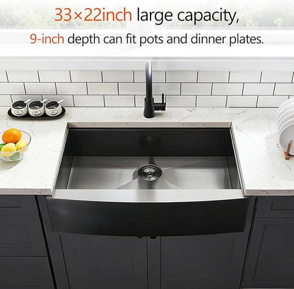 HOTIS 33 Inch Black Farmhouse Sink, Undermount Gunmetal Black Workstation Apron Front Kitchen Sink, 33 x 22 Stainless Steel Farm Sink 16 Gauge 9 Deep Single Bowl Kitchen Sink with Cutting Board