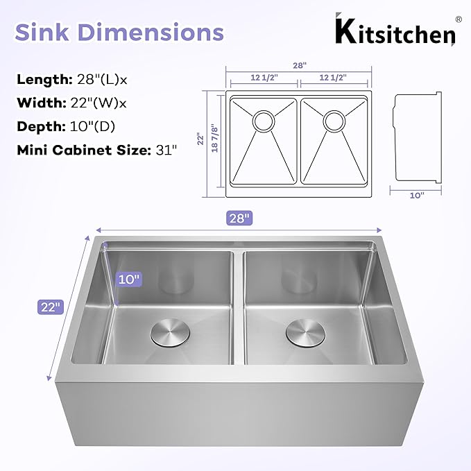 Kitsitchen Stainless Steel Farmhouse Sink 28 Inch, 16-Gauge Stainless Steel 50/50 Double Bowl Workstation Sinks with Abundant Accessories, 10" Deep and Large Undermount Kitchen Sink