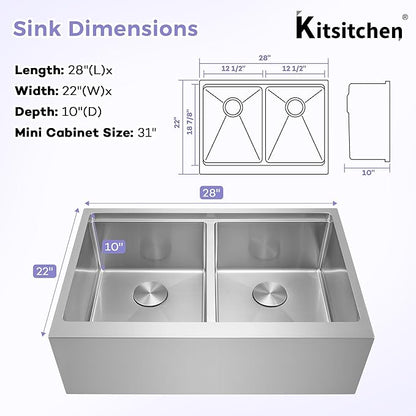 Kitsitchen Stainless Steel Farmhouse Sink 28 Inch, 16-Gauge Stainless Steel 50/50 Double Bowl Workstation Sinks with Abundant Accessories, 10" Deep and Large Undermount Kitchen Sink