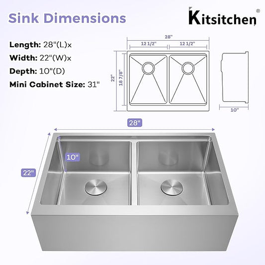 Kitsitchen Stainless Steel Farmhouse Sink 28 Inch, 16-Gauge Stainless Steel 50/50 Double Bowl Workstation Sinks with Abundant Accessories, 10" Deep and Large Undermount Kitchen Sink