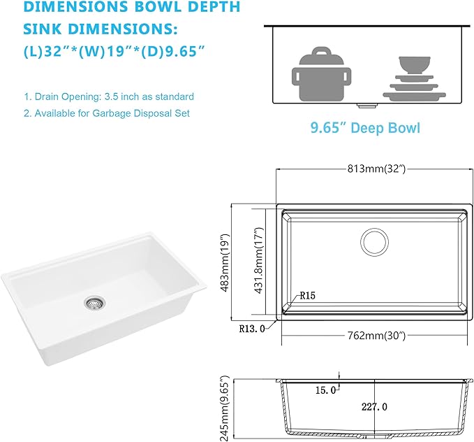 Kichae 32 Granite Composite Kitchen Sink - 32"x19" Grainte Kitchen Sink Workstation Undermount Quartz Sink White Deep Single Bowl Basin